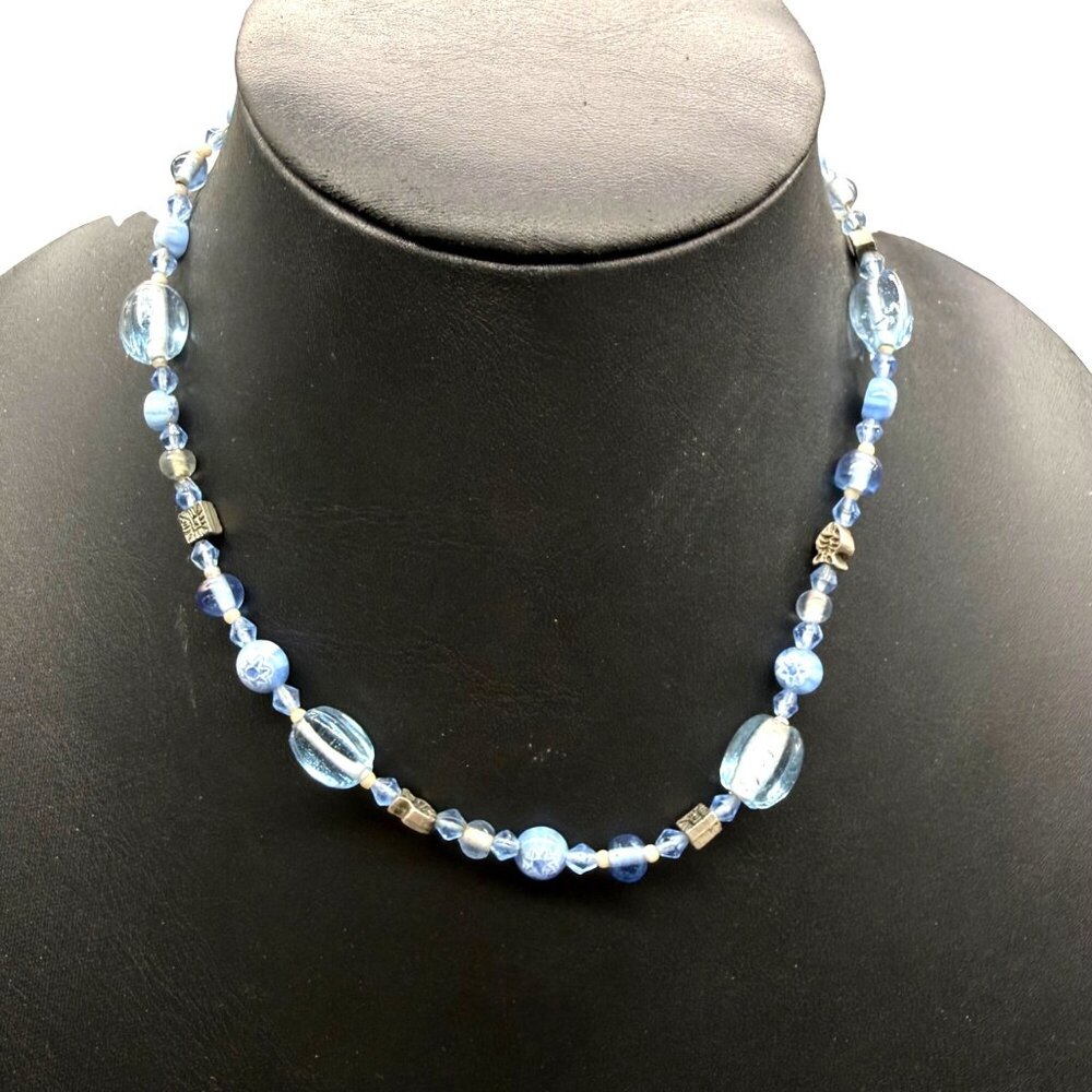 Precious Jewel Necklace Blue Frosted Glass Bead Fish Floral Summer 16.5-18 Inche